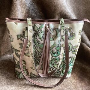 MC Marc Chantal Green Brown Etched Design Tote Handbag